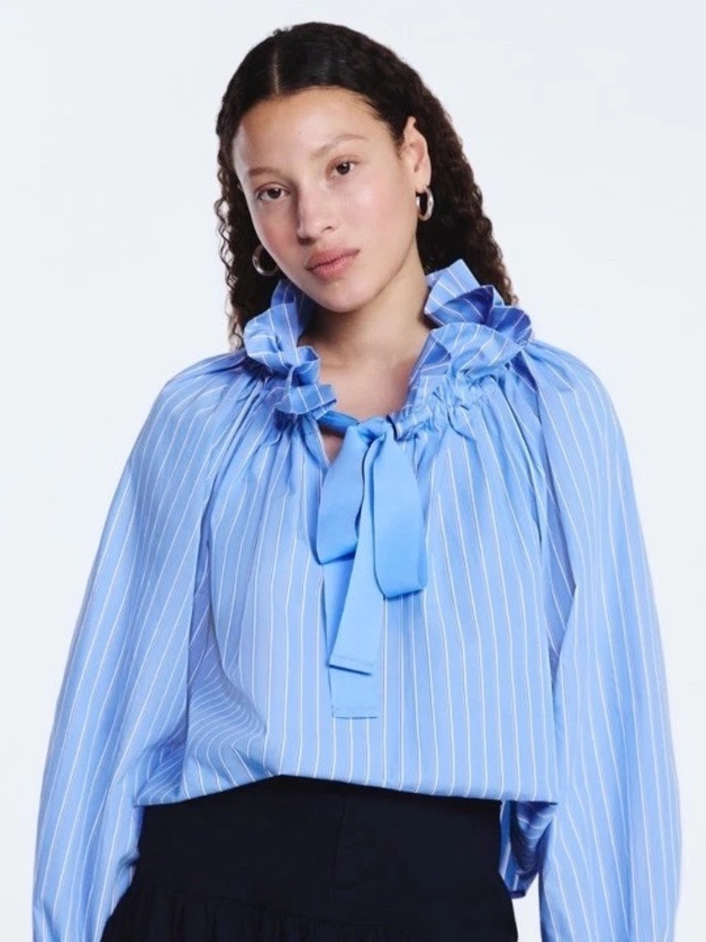 Blue Stripe Tie-Neck Poplin Blouse